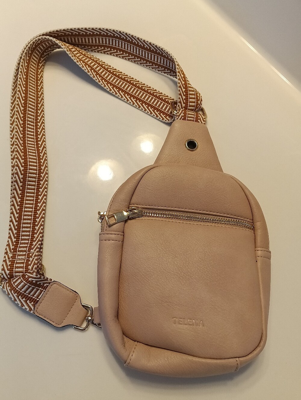 TELENA Taupe Vegan Leather Sling Crossbody Bag Woven Strap Like New